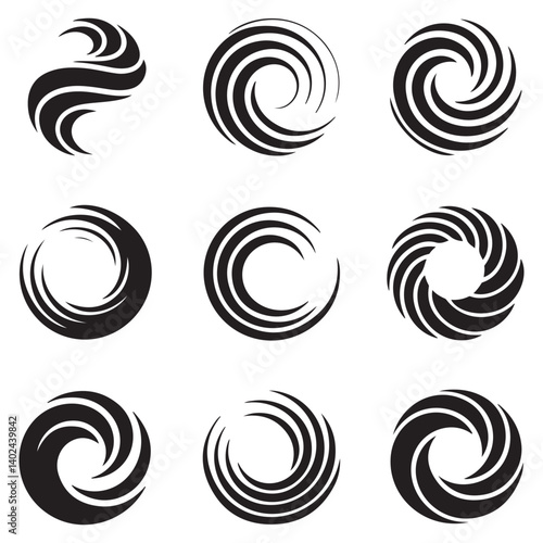 Spiral and swirl motion twisting circles design element set Vector Black silhouettes. with white background