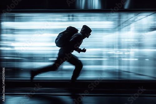 A man in a lightweight ninja suit runs along the wall of a skyscraper, the background blurred to emphasize speed.