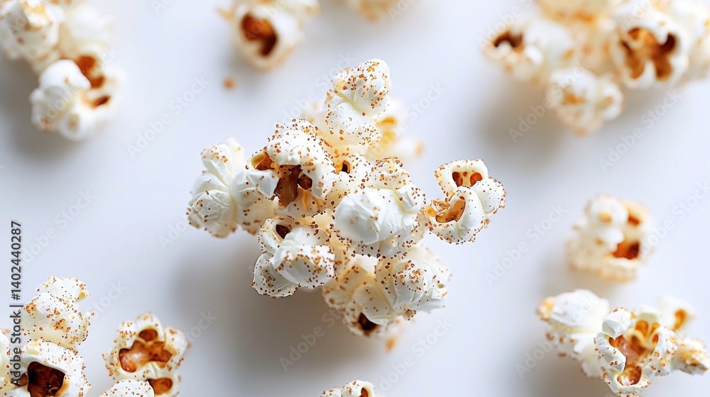 Popcorn cluster on white background; scattered kernels; overhead view Popcorn cluster on white background; scattered kernels; overhead view