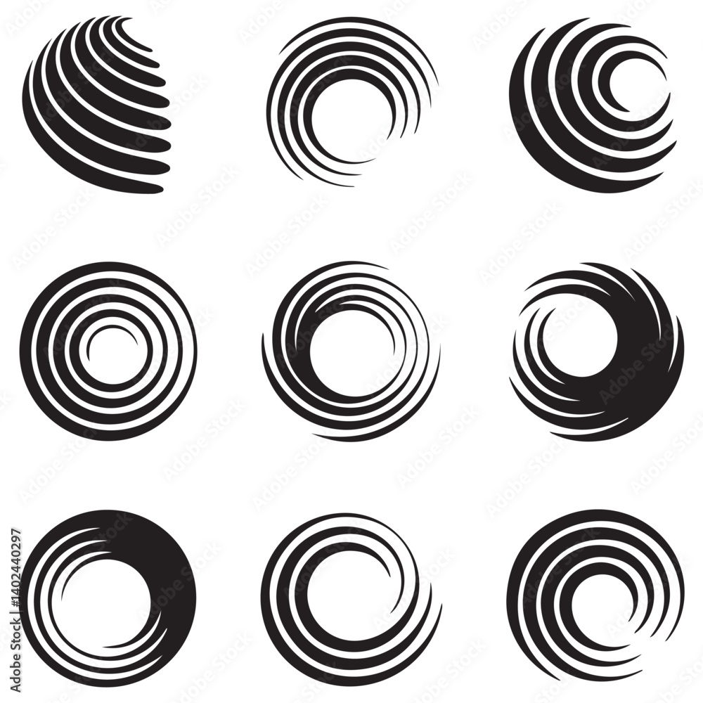 Spiral and swirl motion twisting circles design element set Vector Black silhouettes. with white background Spiral and swirl motion twisting circles design element set Vector Black silhouettes. with white background