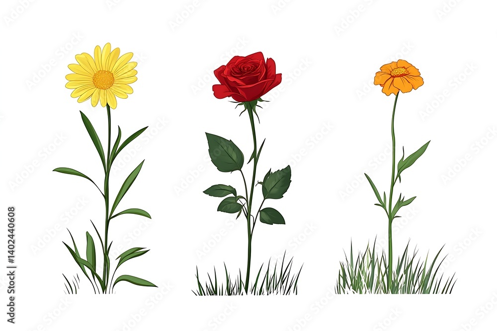 Obraz premium Daisy, Rose, Zinnia Flowers Set With Green Leaves And Grass On White