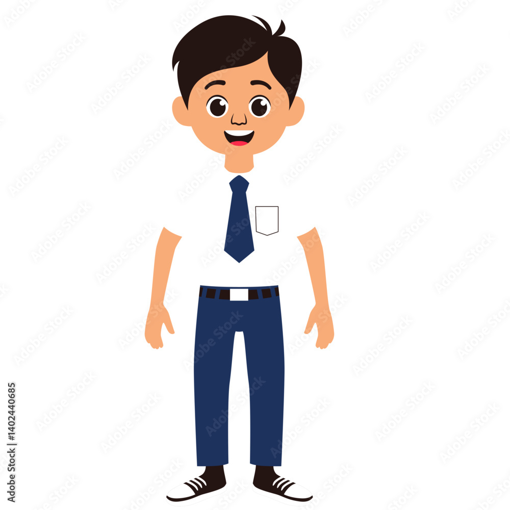 Vector illustration of a smiling Indonesian middle school boy in uniform. Suitable for educational content, school-related designs, character sets, posters, or children's books and media. Vector illustration of a smiling Indonesian middle school boy in uniform. Suitable for educational content, school-related designs, character sets, posters, or children's books and media.
