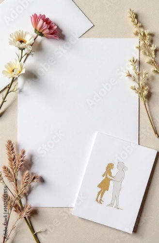 Top view, envelope, woman silhouette, dried flowers, white copy paper template. Horizontal concept of Mother's Day greetings