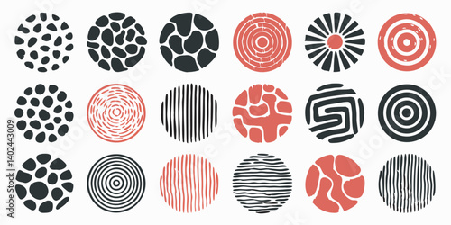 Abstract circular patterns, black and red geometric shapes, minimalist design, dots and stripes, concentric circles, organic textures, monochrome artwork, and simple visual elements