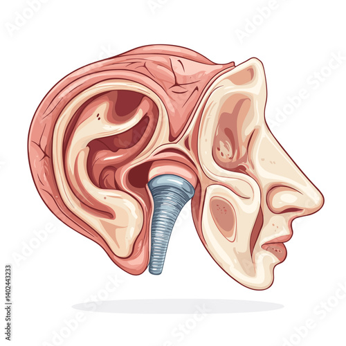 Detailed Anatomical Illustration of Human Head and Ear with Implant