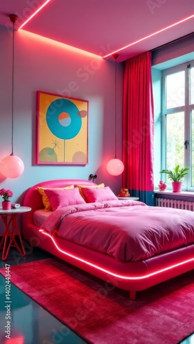 A pink bed with a neon light on it