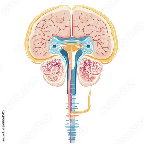 Detailed Human Brain and Spinal Cord Anatomy Illustration
