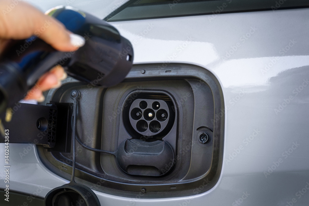 Obraz premium Gray electric car with EV charging cable close up