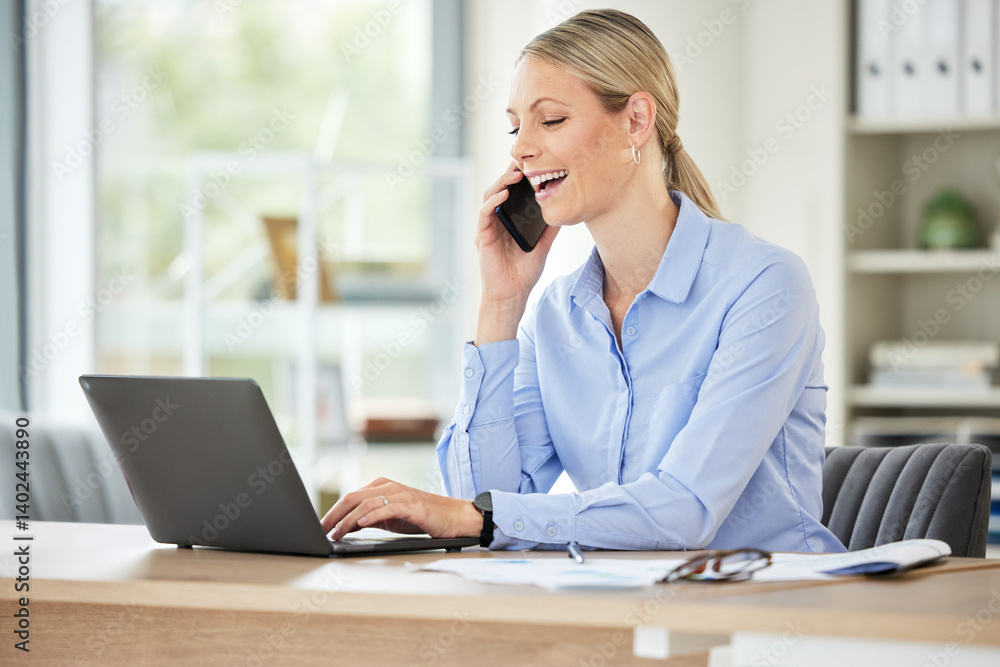 Business person, phone call and laptop with typing in office with accounting networking and talk. Company, internet and digital research for finance project of an accountant at firm with conversation Business person, phone call and laptop with typing in office with accounting networking and talk. Company, internet and digital research for finance project of an accountant at firm with conversation