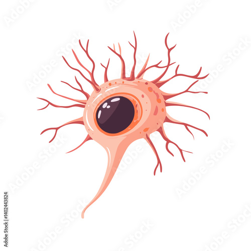 Detailed Illustration Of A Pink Neuron Cell With Dendrites And Axon
