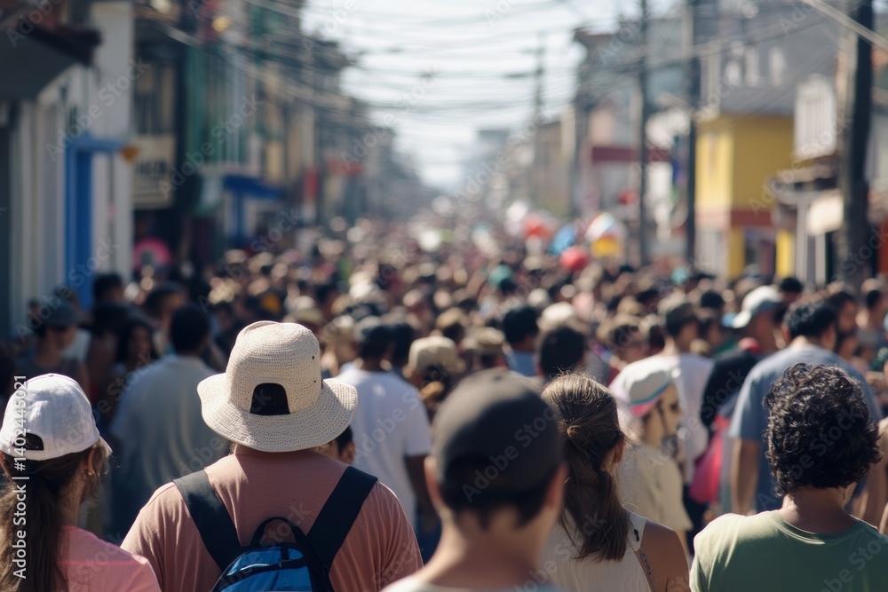Fototapeta premium A crowded street during a local festival, people in traditional dress, vibrant and chaotic, documentary capture.