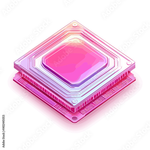 Pink and Purple Isometric Computer Microchip Illustration