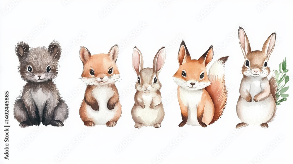 Woodland animals watercolor illustration baby bear fox squirrel bunny. illustration Woodland animals watercolor illustration baby bear fox squirrel bunny. illustration