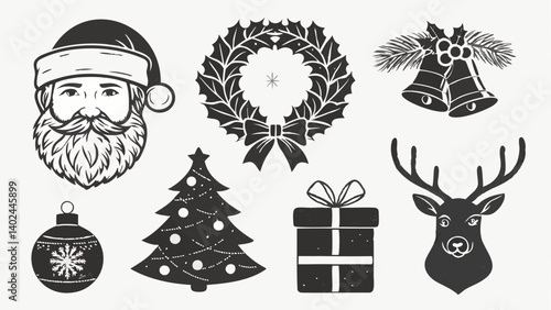 a festive vector illustration featuring iconic Christmas elements. Include a Santa Claus face, a wreath with a star at its center, two ribbon-tied bells with holly leaves, a snowflake-adorned ornament