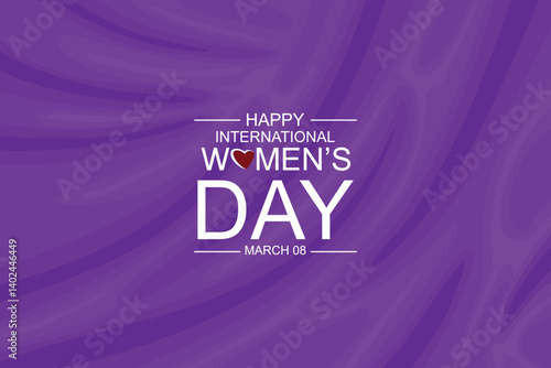 Happy International Women's Day, March 8 text on abstract vector background of luxurious purple fabric or liquid waves for Internationa celebration, greeting, print and title.