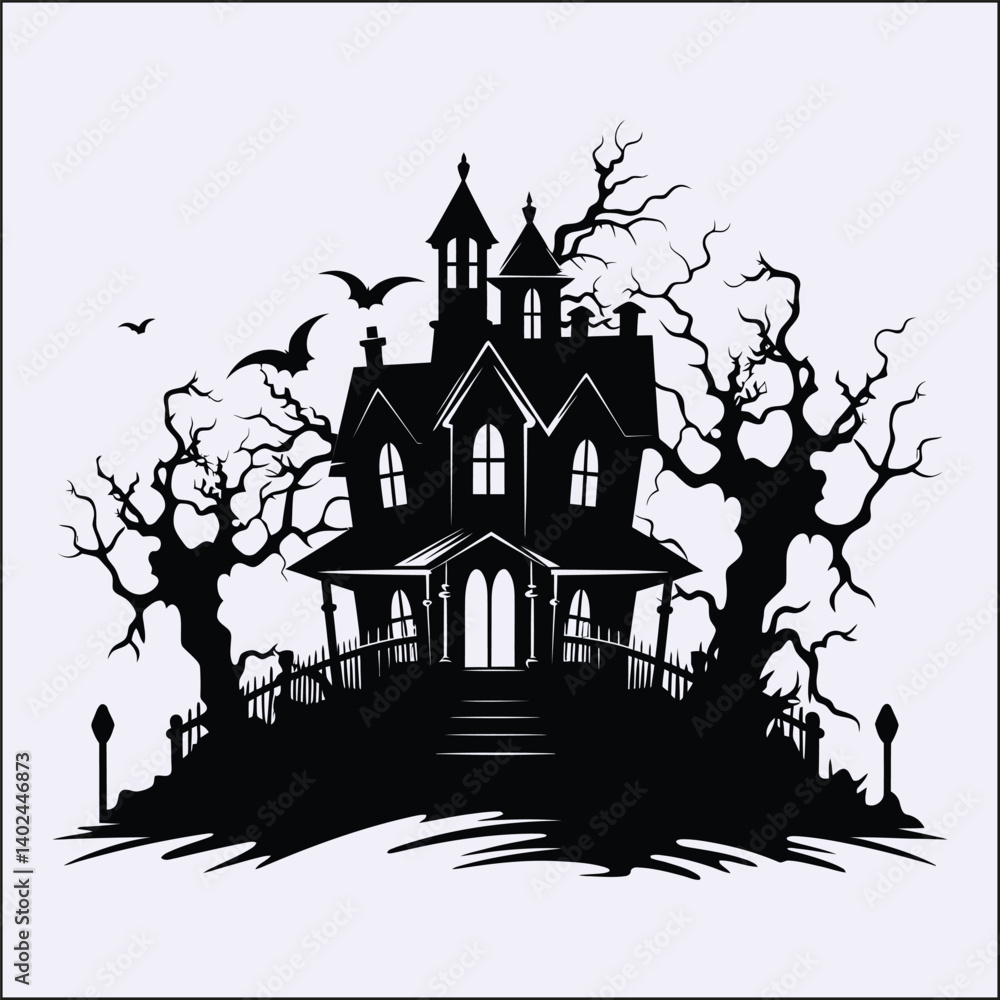 Obraz premium Haunted House Silhouette, Spooky Mansion
