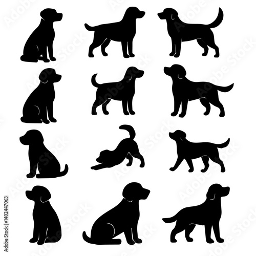 Silhouettes of various dog poses, showcasing different stances and activities. black silhouettes are set against white background, highlighting dogs playful and attentive nature