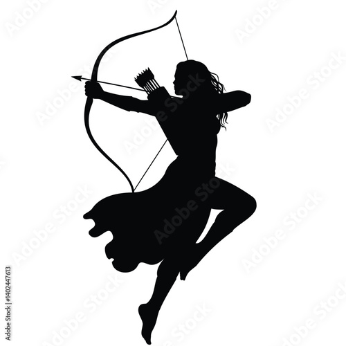 vector illustration of a silhouette archer in mid-action. Depict the archer drawing a bow with an arrow nocked, in an intense and elegant pose. Add flowing hair and garments to emphasize motion .