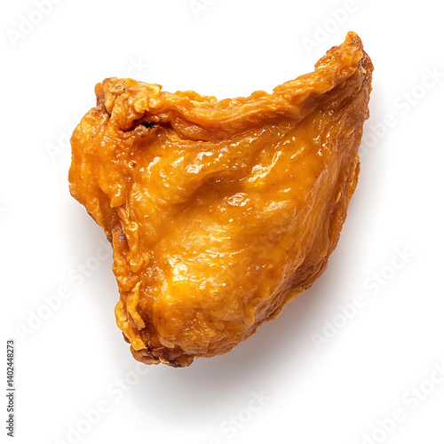 A golden crispy fried chicken wing with seasoned batter, juicy meat interior, and crunchy skin