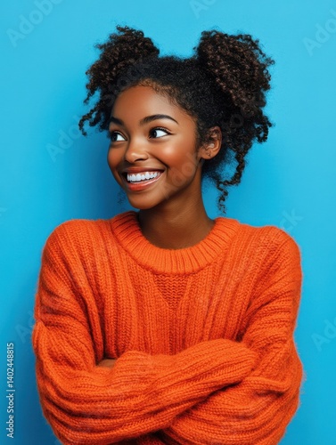Happy emotions concept. Positive dark skinned beautiful young woman laughs poisitively looks aside with carefree face expression wears casual orange sweater isolated over blue studio background. illu