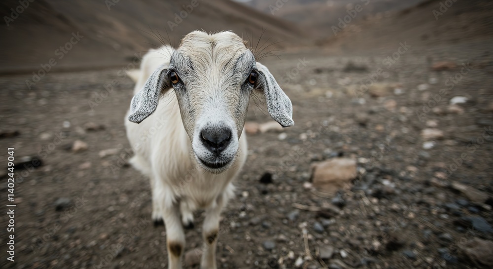 Curious White Goat Staring Into the Camera in a Mountainous Landscape Curious White Goat Staring Into the Camera in a Mountainous Landscape