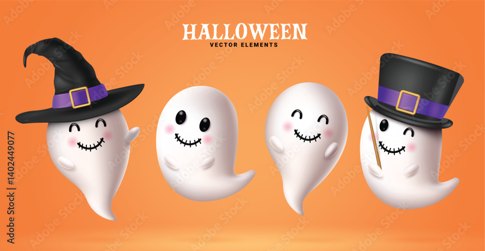 Halloween ghost characters set vector design. Halloween ghost character wearing witch and magician hat for kids party mascot costume elements. Vector illustration ghost cartoon collection.