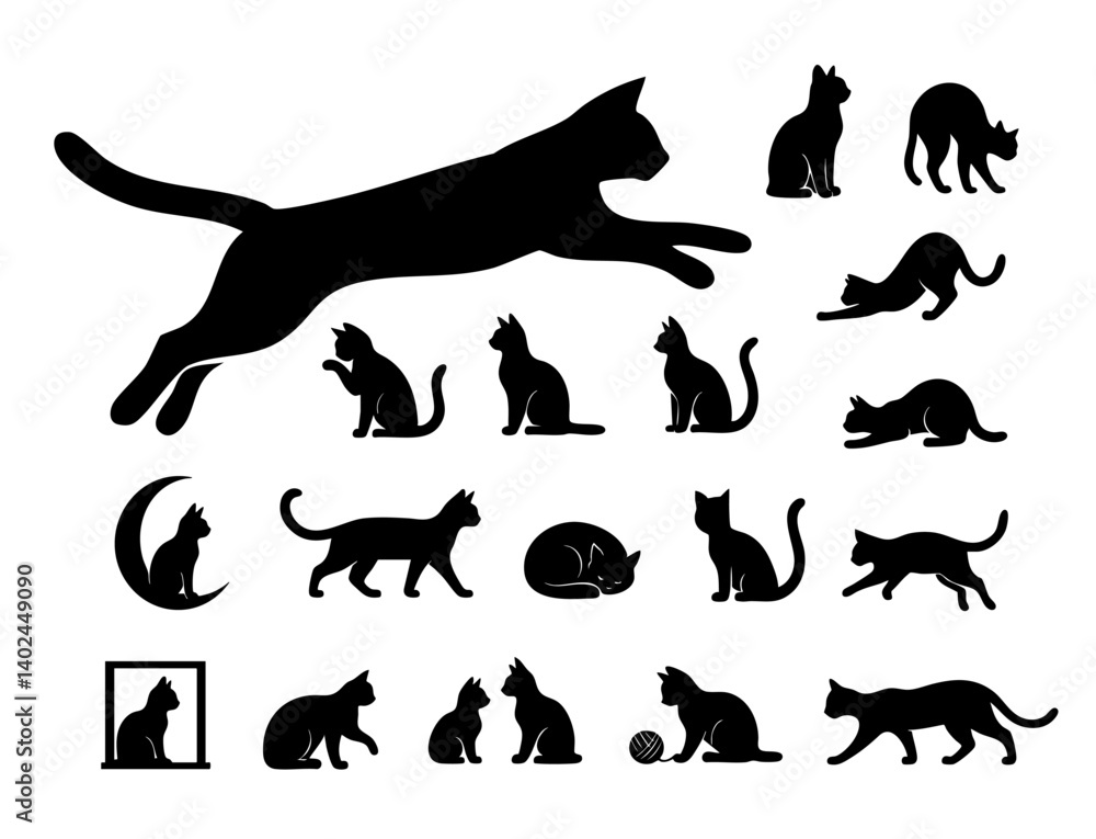 Fototapeta premium A collection of cat silhouettes showcasing various poses, from jumping to resting, highlighting the playful and serene nature of felines.