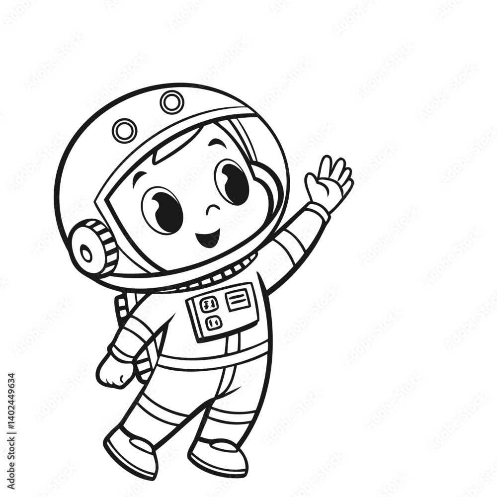 Fototapeta premium a cheerful vector illustration of a child in a detailed astronaut costume. The child should wear a space helmet with a visor, a spacesuit featuring buttons, and a small backpack.