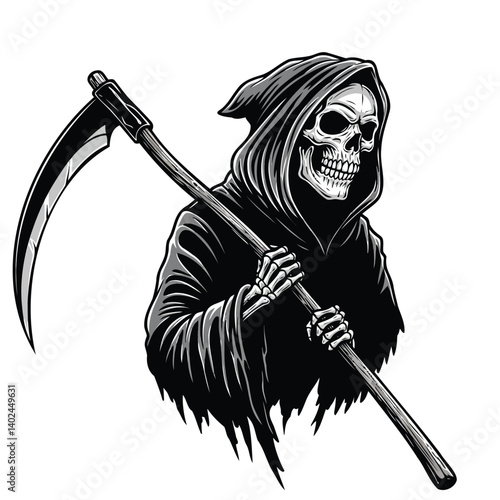 Black vector illustration of a grim reaper with a pirate skull, sword art