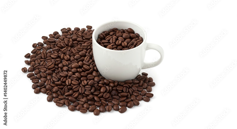 Coffee Beans Overflowing Around White Mug on a White Background Coffee Beans Overflowing Around White Mug on a White Background