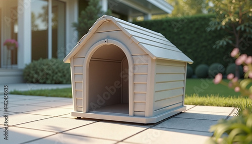 Modern plastic doghouse on stone patio in photorealistic style

