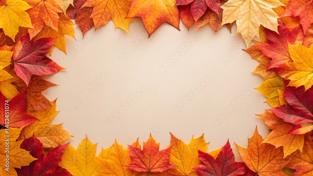 This image features a beautiful rectangular border of vibrant autumn leaves, mostly maple, displaying rich hues of red, orange, and yellow on a light beige surface, perfect for seasonal themes This image features a beautiful rectangular border of vibrant autumn leaves, mostly maple, displaying rich hues of red, orange, and yellow on a light beige surface, perfect for seasonal themes