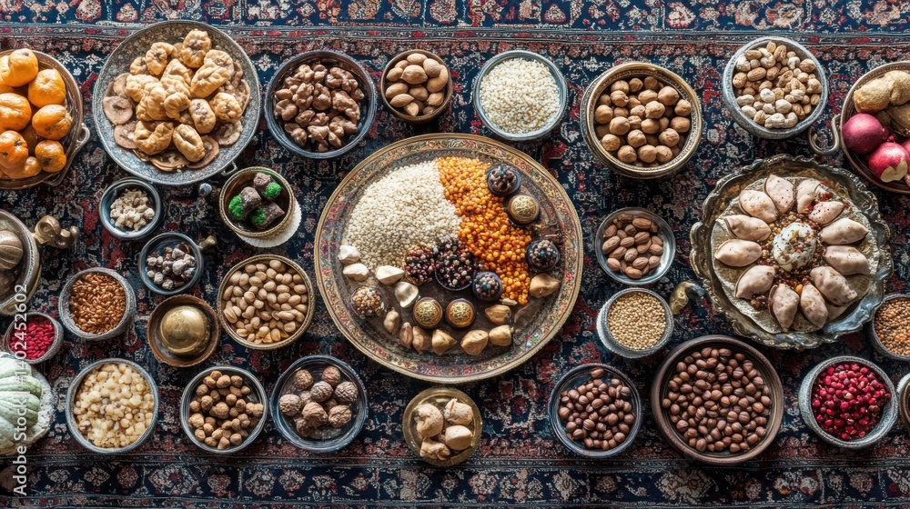 Fototapeta premium Intricate setup with semeni, festive sweets, and nut platters on a luxurious Eastern rug