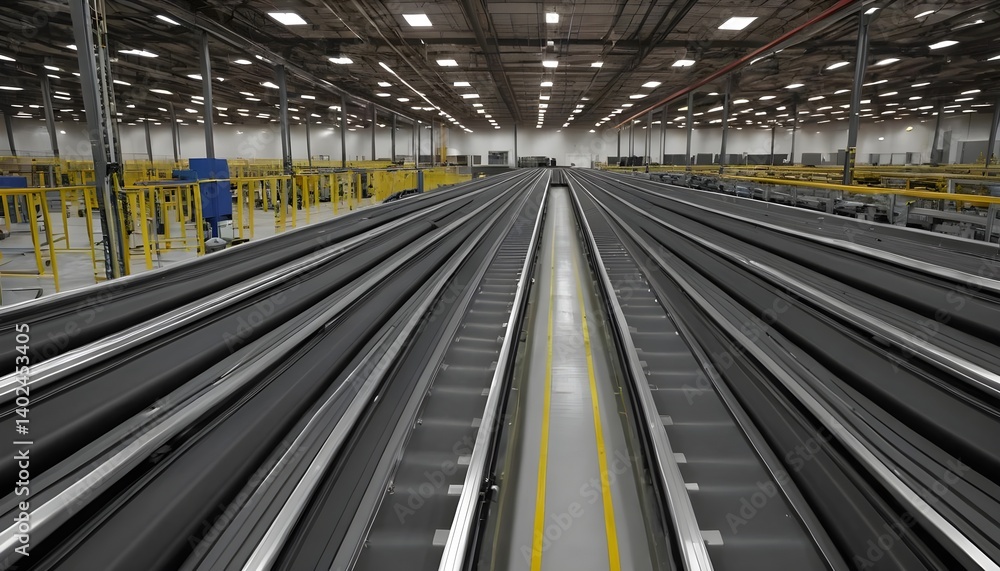 Naklejka premium Conveyor Belts in a Large Warehouse