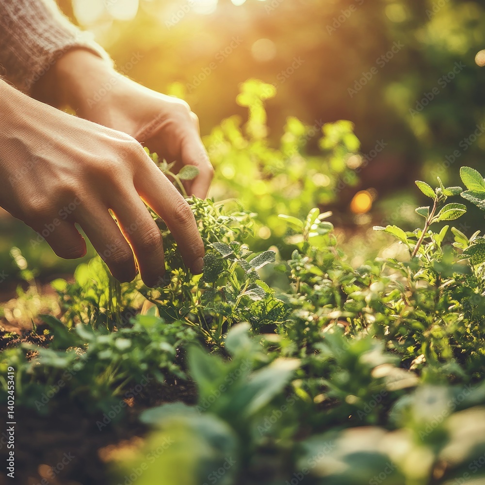 Fototapeta premium A Person's Hands Gently Harvesting Fresh Herbs in a Vibrant Garden at Sunset