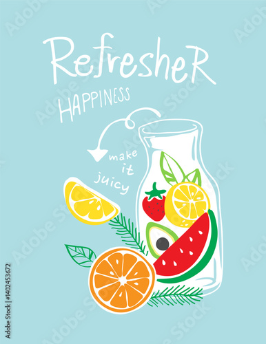 refresher slogan with cartoon colorful fresh fruits in bottle vector illustration created by hand drawn