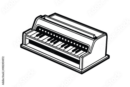 A black and white line art drawing of a vintage harmonium.eps