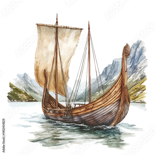 watercolor of Norwegian Viking Ship Sailing In The Fjords, vector, isolated on a white background.