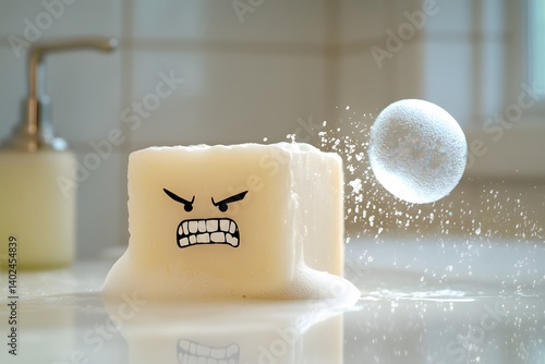 soap with an angry face as a bar of foam launches a bubble in a splash of water on tile