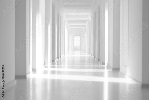 Wallpaper Mural Empty, sunlit hallway.  A long, bright corridor with white walls and pillars. Sunlight streams in Torontodigital.ca