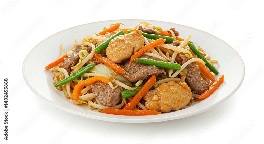 Serving of Stir Fried Beef and Chicken with Colorful Vegetables Serving of Stir Fried Beef and Chicken with Colorful Vegetables