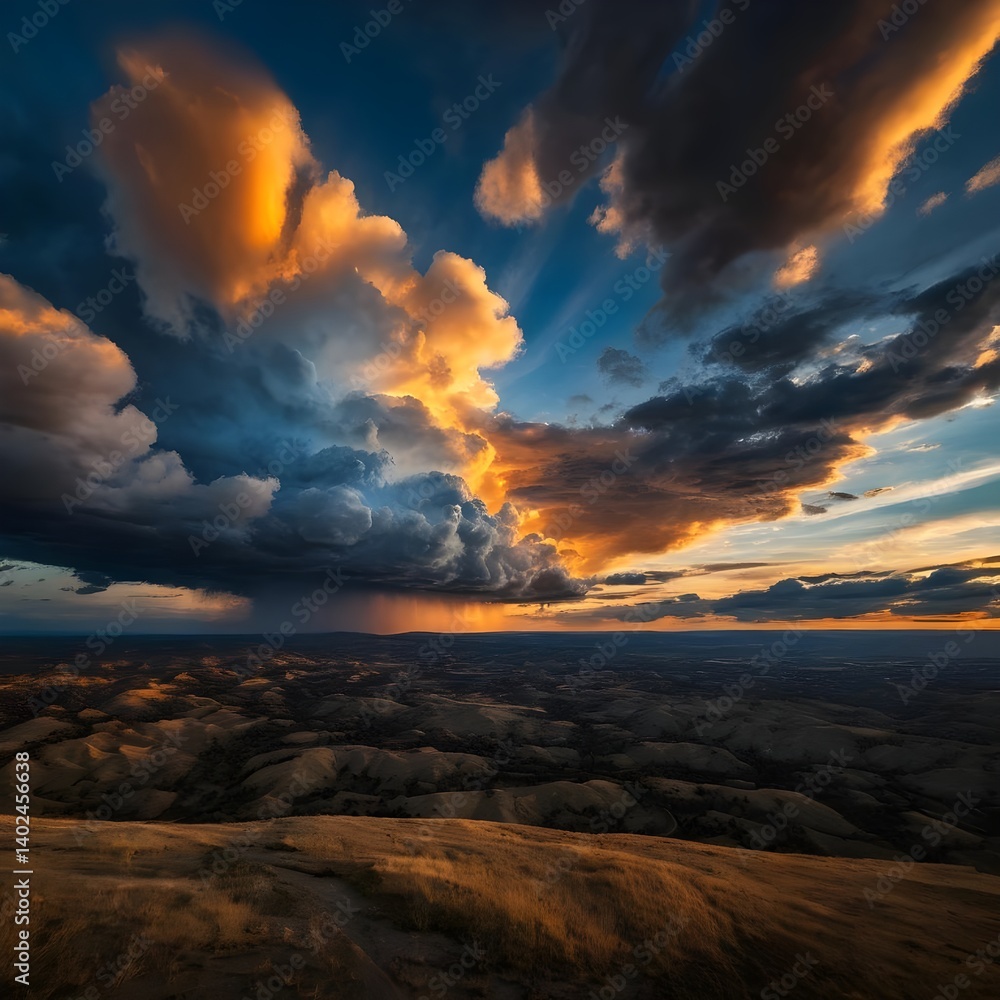 Fototapeta premium Dramatic Sunset Storm Over Rolling Hills