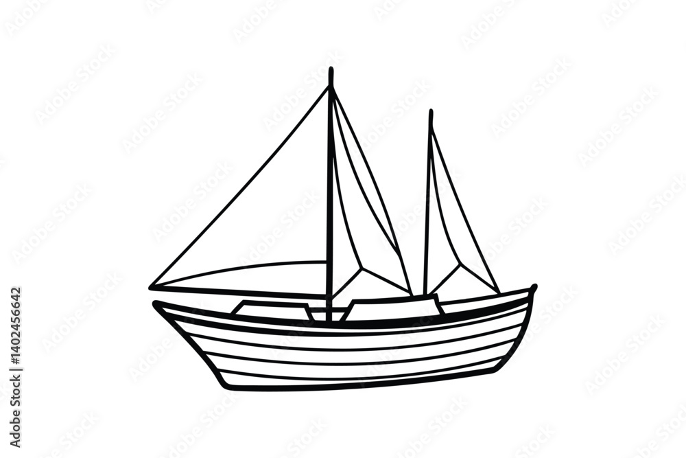 A black and white line art drawing of a vintage sailboat.eps A black and white line art drawing of a vintage sailboat.eps