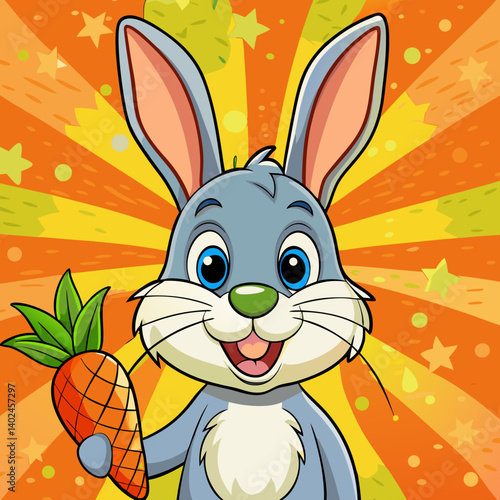 Adorable cartoon bunny clutching a carrot, set against a vibrant, colorful backdrop—perfect for kids' designs, prints, and digital projects