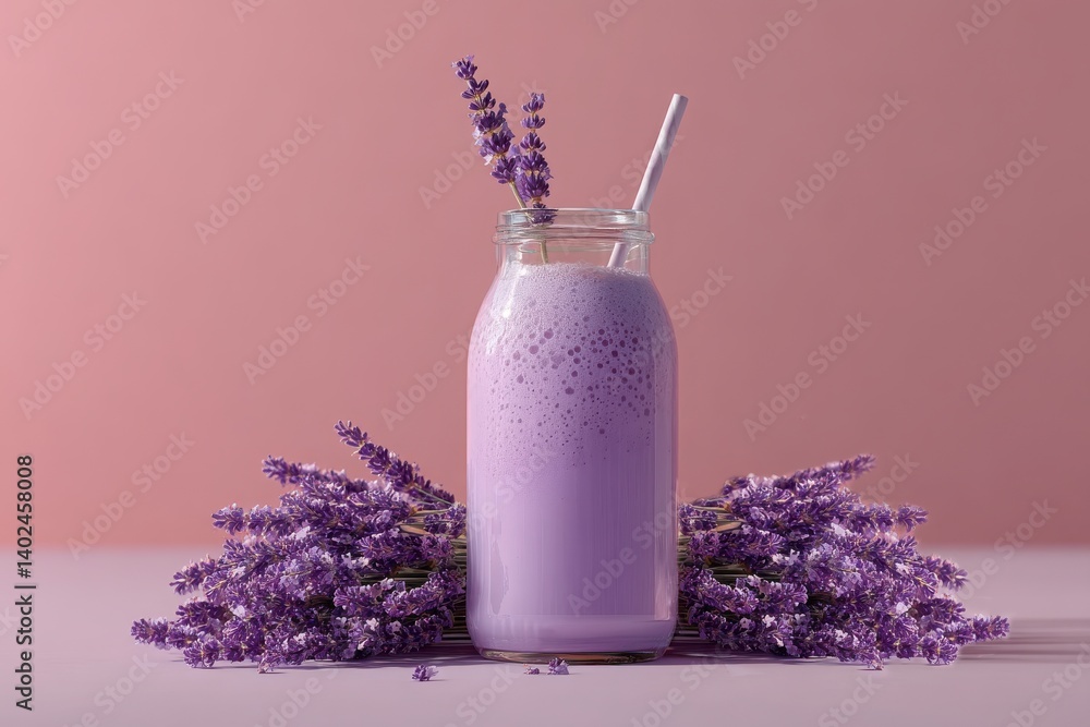 Lavender milkshake in a glass with pastel background Lavender milkshake in a glass with pastel background