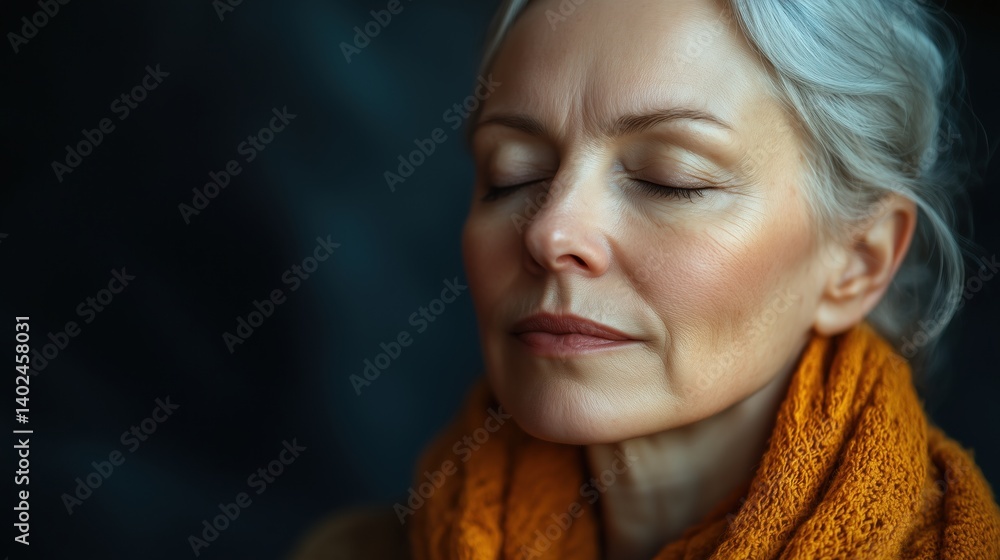 Closeup of older woman meditating in soft lighting Closeup of older woman meditating in soft lighting