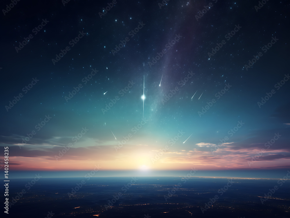 Fototapeta premium The surreal horizon under the sky, radiating cosmic rays