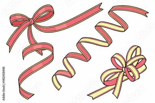 Elegant Pink and Cream Ribbon Bows and Ribbons Vector Illustration Set