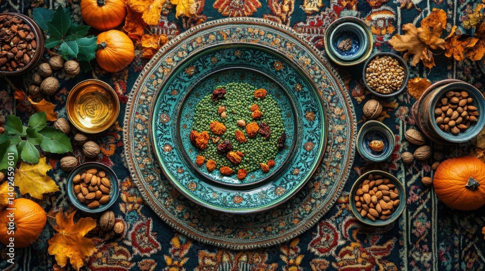 Obraz premium Vibrant green semeni, surrounded by decorative festive dishes and nuts on a richly patterned carpet