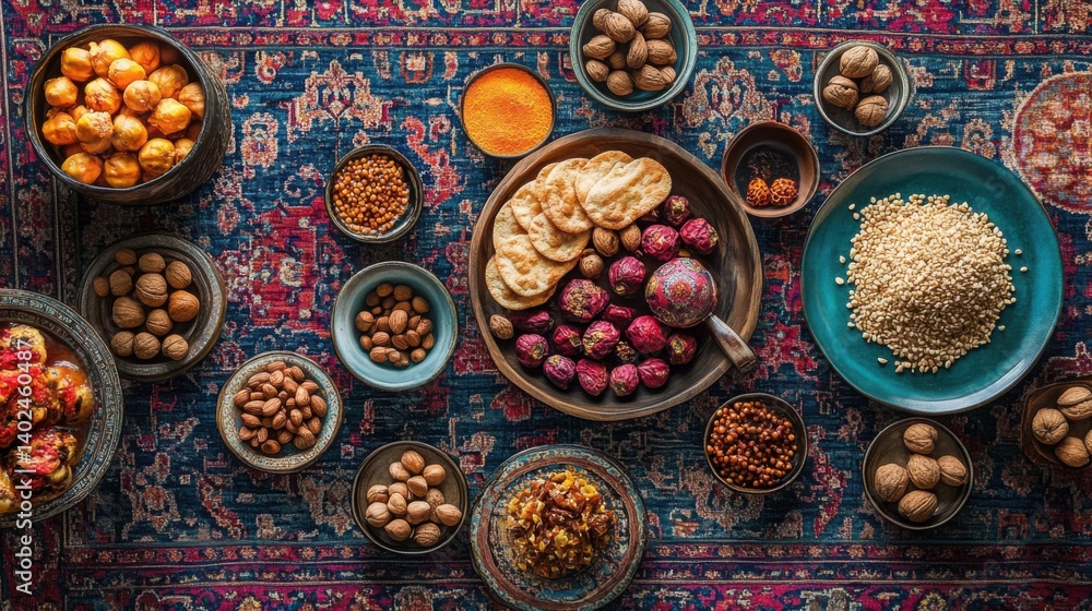 Vibrant semeni setup with sweets and nuts on a richly decorated Eastern rug Vibrant semeni setup with sweets and nuts on a richly decorated Eastern rug